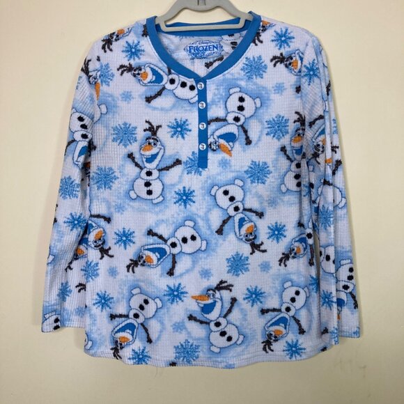 Disney Frozen Olaf Pajama Set Womens 12/14 some pilling White Blue Soft - Picture 1 of 9